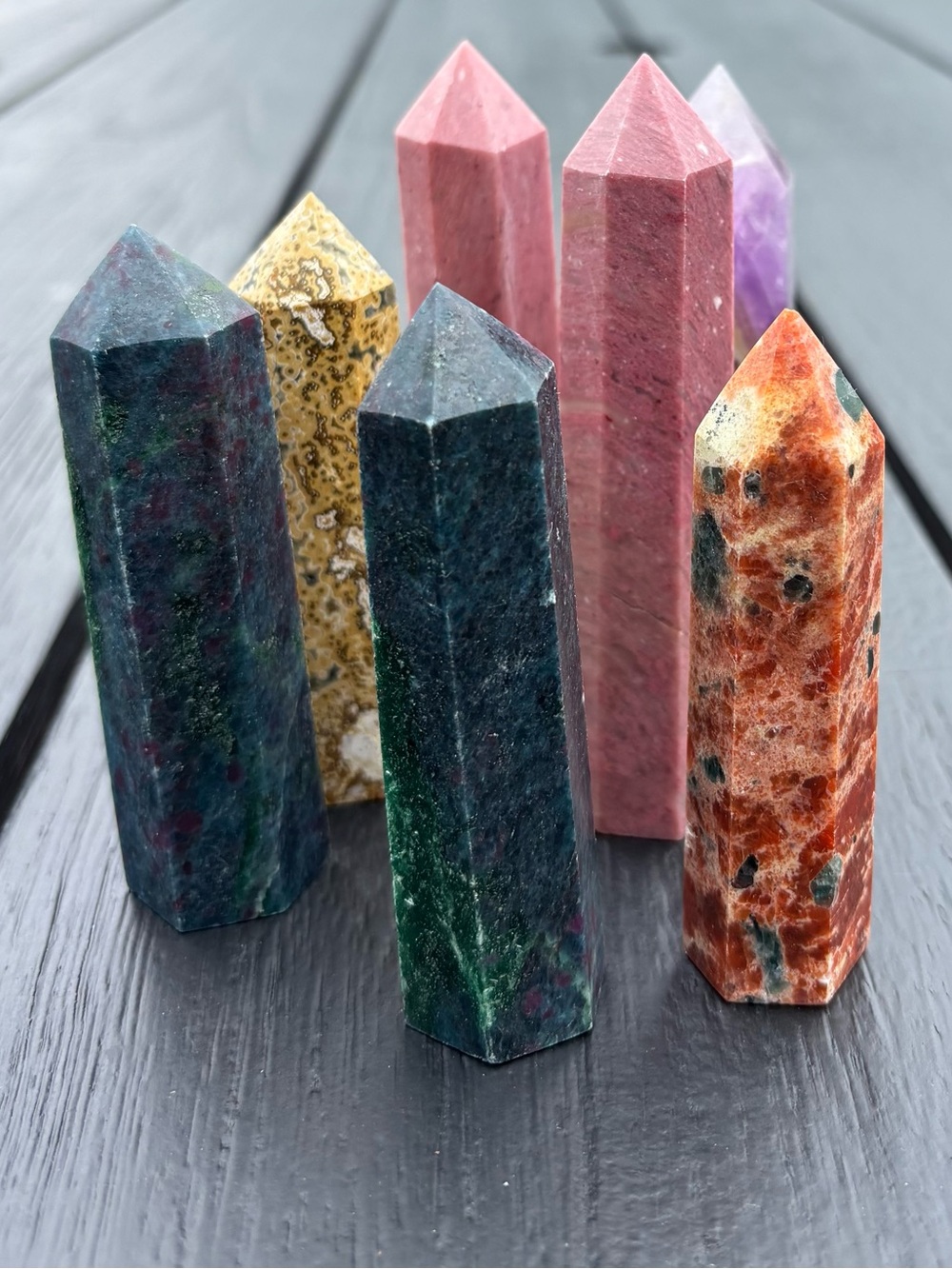 7 Assorted Crystal Tower Points Stones Small Jasper Petrified Wood Amethyst